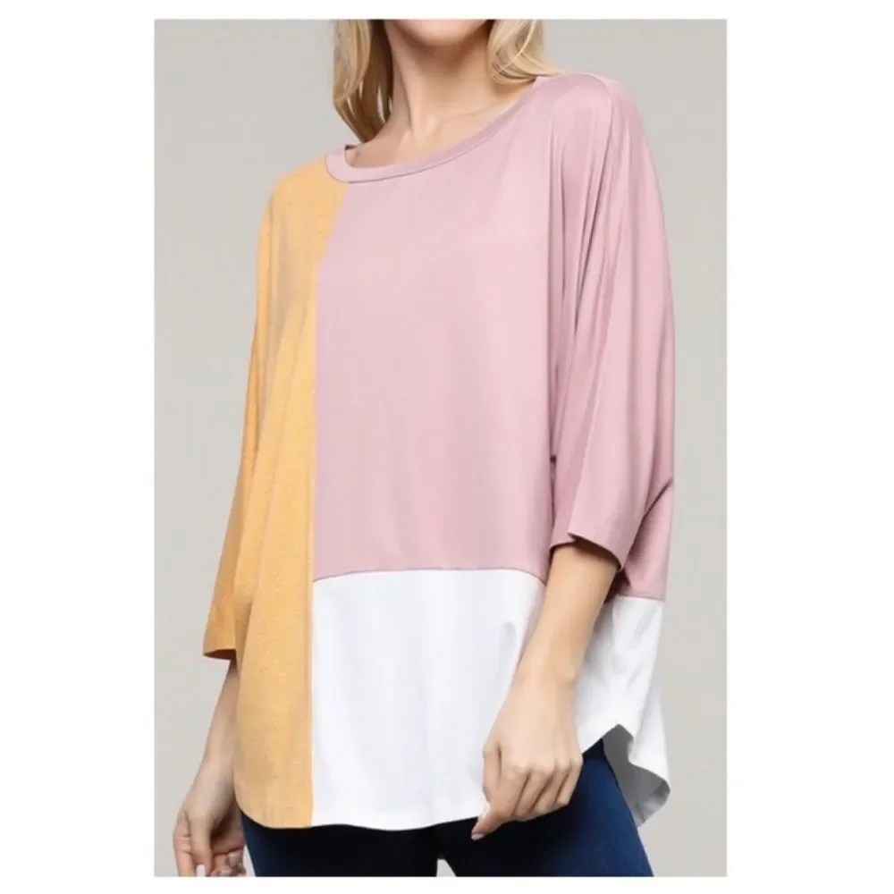 Color Block 3/4 Length Sleeve Scoop Neck Top | Pink / Peach / White - Picture 4 of 6